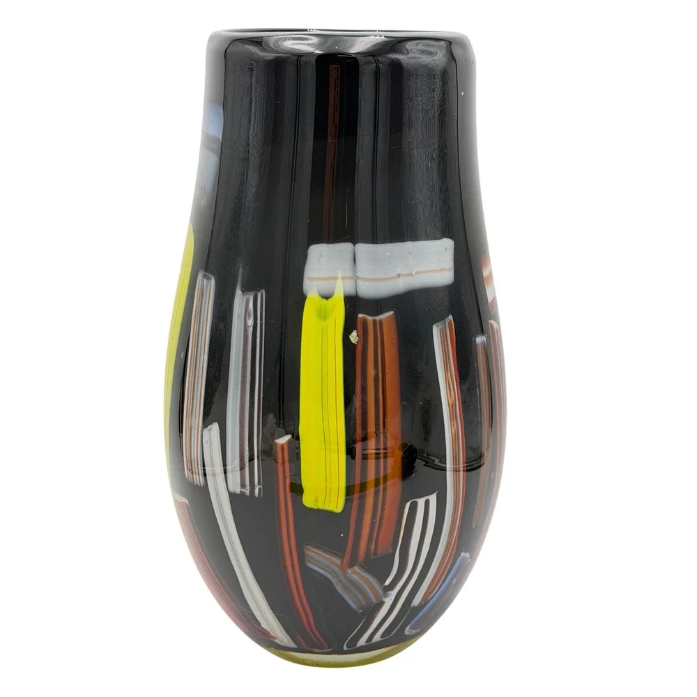 Vtg Art Glass Vase Colorful Black Stripe Abstract Postmodern Heavy LG Y2K 11.5in